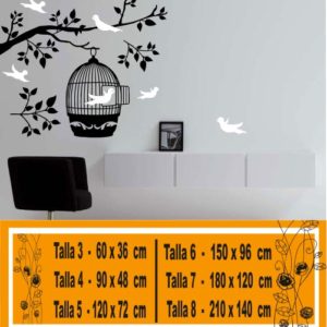 stickers muraux branche avec cage et oiseaux