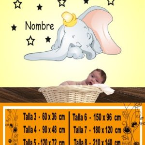 Dumbo a color durmiendo con estrellas y nombre