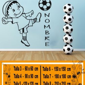 Vinilos infantiles niño jugando a fútbol con pelota y nombre