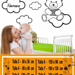 Stickers muraux bébé ours dans les nuages ​​avec prénom