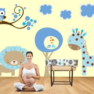 murales baby animali leone giraffa blu