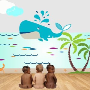 Children's wall murals whale with palm trees